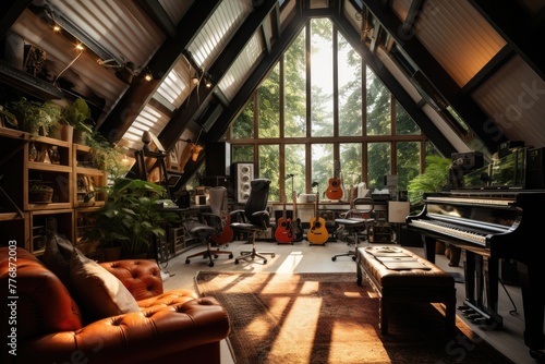 An attic recording studio with a skylight and vintage accents recording studio, AI generated photo