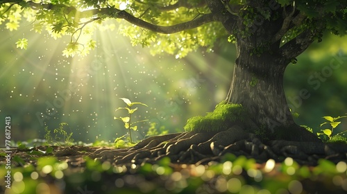 Mentorship concept image depicting a mature  robust tree with expansive branches providing protection to a delicate young sprout  symbolizing guidance and growth  with the sun casting a soft glow.