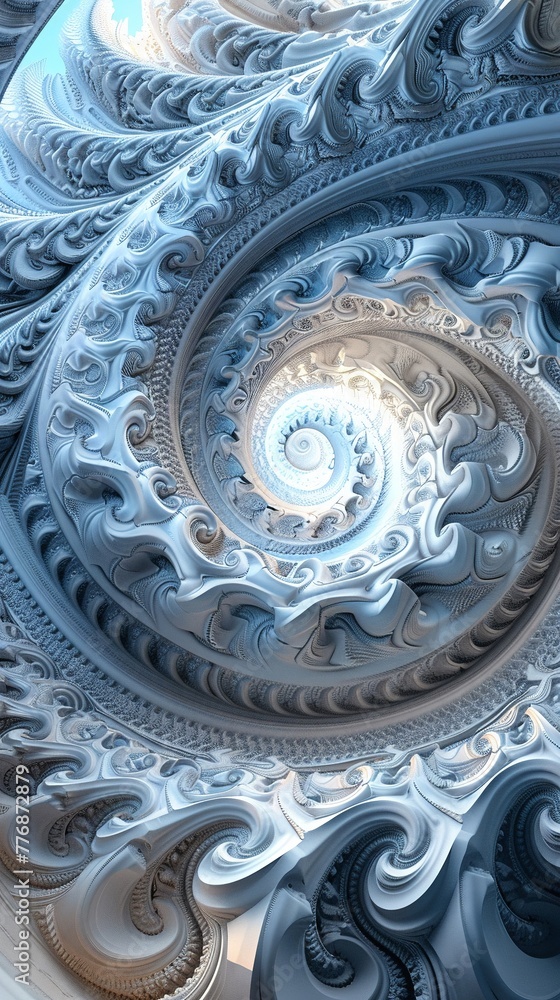 A fractal trap image colored in a bright blue and white with dark gray shadows done as digital art