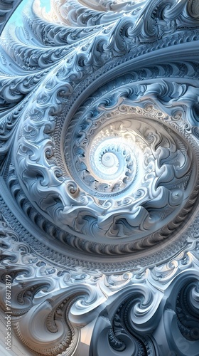 A fractal trap image colored in a bright blue and white with dark gray shadows done as digital art