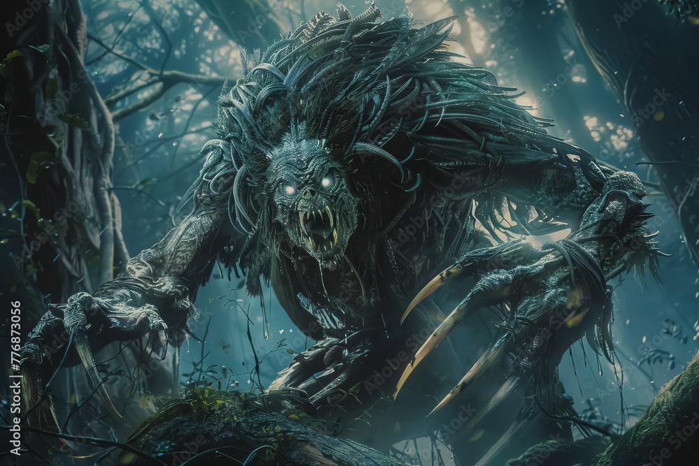 A humanoid monster with multiple arms and sharp claws marches confidently through a dark and mysterious forest A humanoid monster with multiple arms and sharp claws marches confidently through a dark and mysterious forest