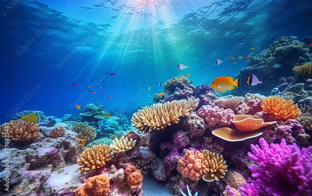 Obraz premium Small canyon underwater carved by the swell into the fore reef with sunlight through water surface