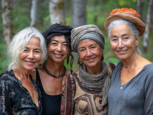 Four women wearing colorful turbans and smiling for the camera