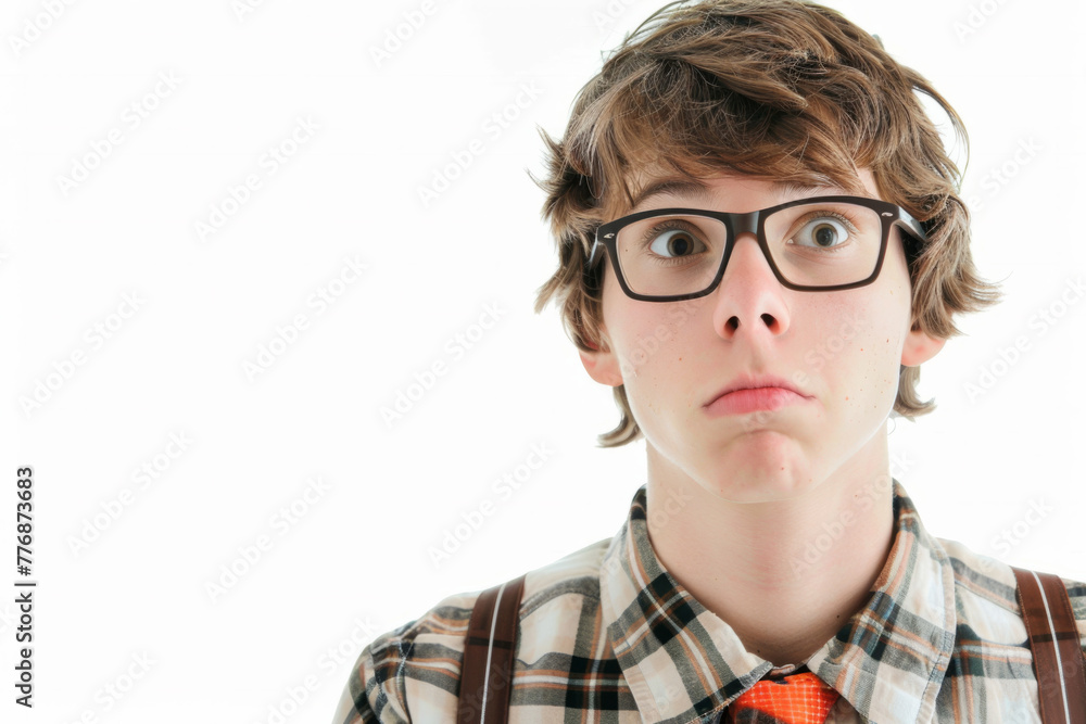 A close-up of a young, Caucasian individual styled as a nerd, isolated against a white background