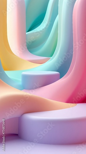 Design a desktop wallpaper with emphasis on negative space, using analogous colors in muted pastel tones like lavender, mint green, and pale yellow , 3d design, 3d graphic