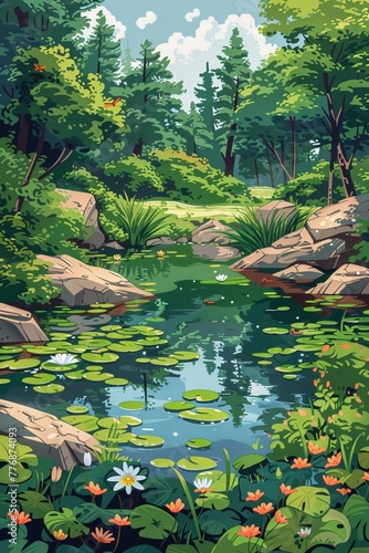 Illustrate a tranquil pond inhabited by colorful frogs and dragonflies, showcasing the beauty of diverse ecosystems