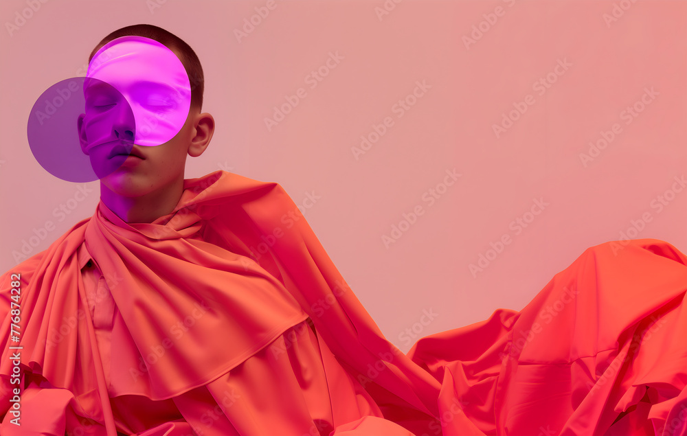 Fashion editorial Concept. Man monk high fashion with neon pink purple mask ring wrapped in orange flowing fabric in pastel collage art style. copy text space