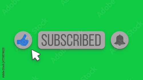 Video animation of an animated, floating subscribe button with a bell button on a green background. - Suitable for video blog.  photo