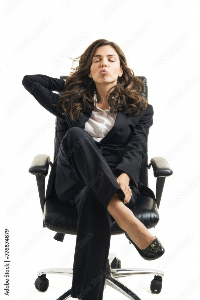 A young businesswoman lounging in a chair, making a face, isolated on white A young businesswoman lounging in a chair, making a face, isolated on white