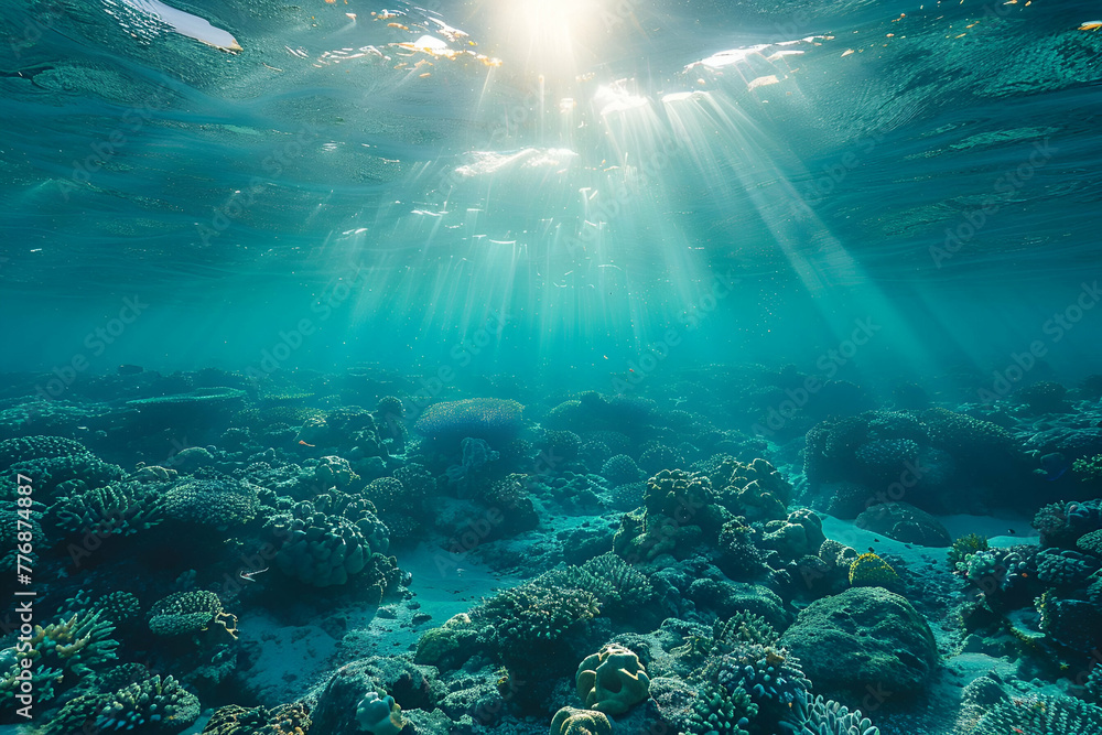 Underwater Coral Reef with Sunbeams, Marine Ecosystem Style, Ocean Conservation Concept, Perfect for Wildlife Documentaries, Marine Biology Education, Conservation Awareness Campaigns, Copy Space