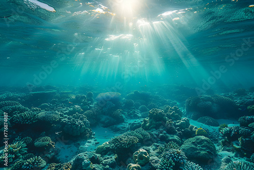 Underwater Coral Reef with Sunbeams, Marine Ecosystem Style, Ocean Conservation Concept, Perfect for Wildlife Documentaries, Marine Biology Education, Conservation Awareness Campaigns, Copy Space