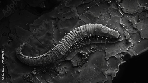 In this high contrast image a nematode is viewed from above as it crawls across a textured surface. The detailed ridges on its smooth