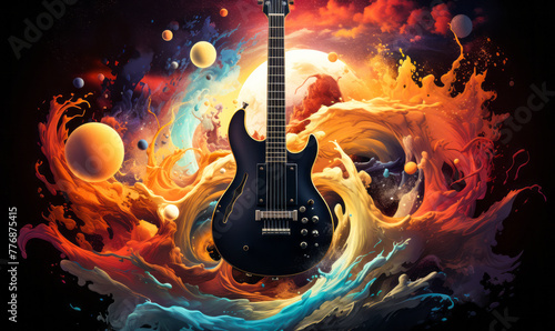 Explosive Cosmic Symphony with a Guitar Emerging from Vivid Celestial Elements, Symbolizing the Fusion of Music and the Universe