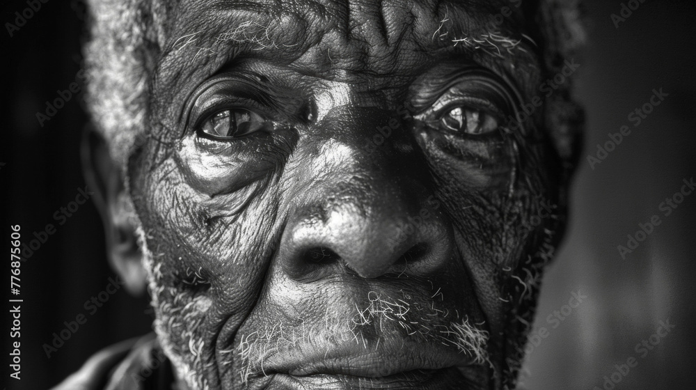 A black and white portrait of an elderly Black man his weathered face a reflection of a life filled with different experiences and perspectives. The lack of color accentuates the wisdom .