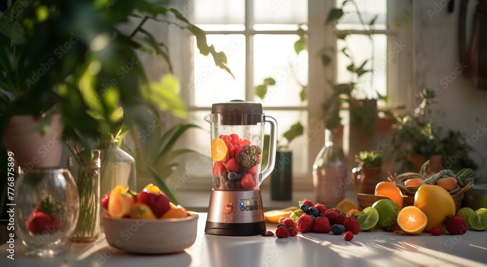 Table with fruits and vegetables with a blender. Healthy Eating Table with fruits and vegetables with a blender. Healthy Eating