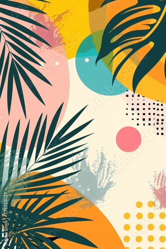 Tropischer Sommer Hintergrund mit Pflanzen, Farben und Geometrischen Mustern 