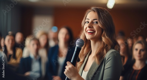 Startup girl leader speaks at pitch session, rear view