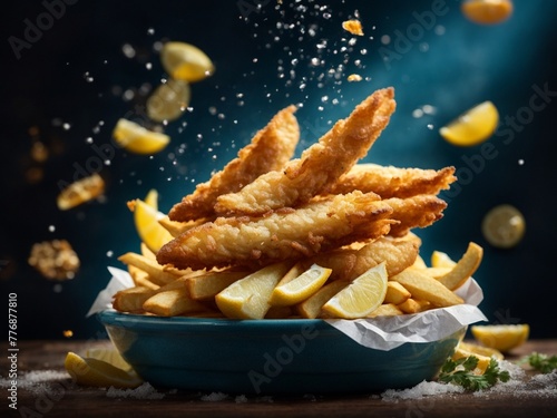 Famous British fish and chips  cinematic food photography  studio lighting and studio background 