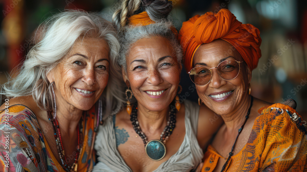 Three women are smiling and wearing colorful clothing Three women are smiling and wearing colorful clothing