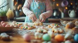 Two toddlers with bunny ears are sharing the joy of baking cookies in a kitchen, surrounded by food, tableware, and a view of the window AIG42E