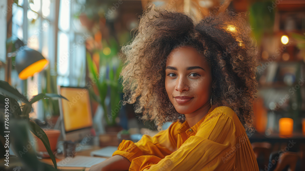 Obraz premium A woman with curly hair is sitting at a desk with a computer