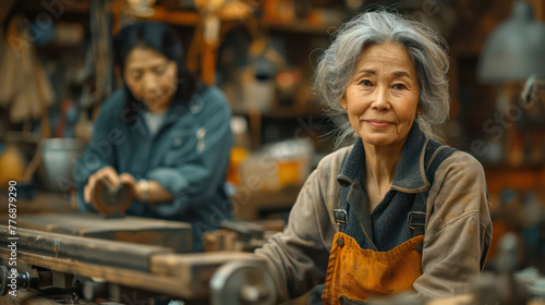 A woman with gray hair is sitting in a workshop