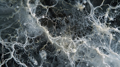 A topdown view of a colony of fungal hyphae resembling a web of white threads spreading and expanding across the surface of a culture photo
