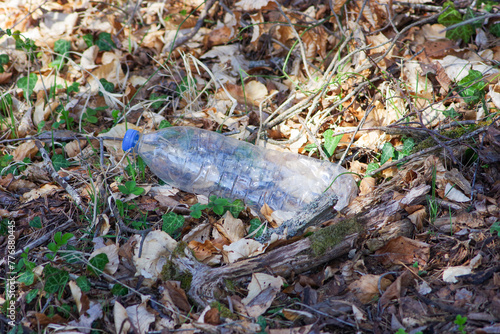 bottle of water, plastic, dumped in the ground of oak forest