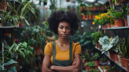 An elegant black female owner of a garden center curating a selection of eco-friendly gardening products and sustainable living solutions for environmentally conscious consumers.