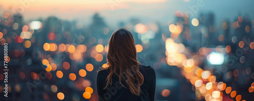 Woman gazing out over a blurred cityscape from a high vantage point her expression reflecting the complexity of city life's emotions