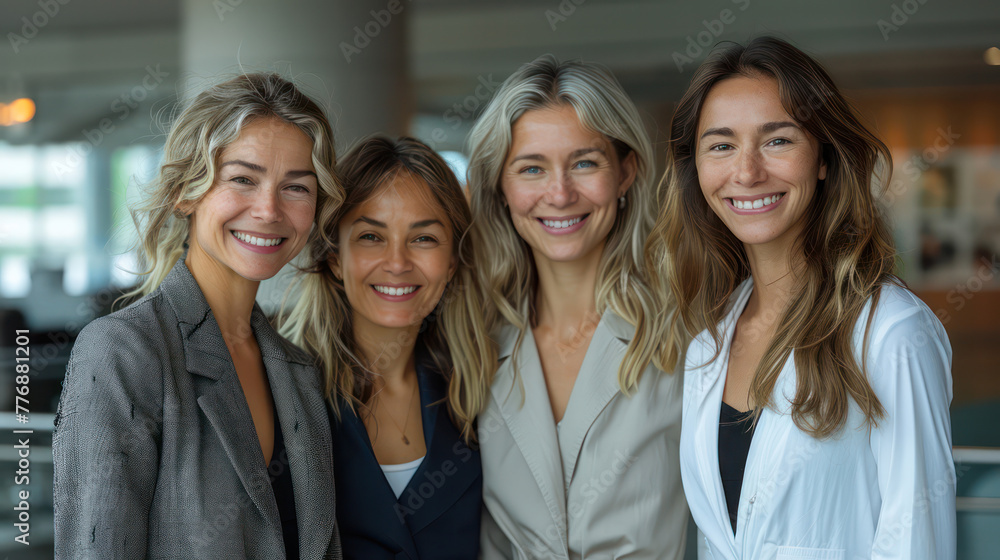 Four women are smiling for the camera, wearing business attire Four women are smiling for the camera, wearing business attire