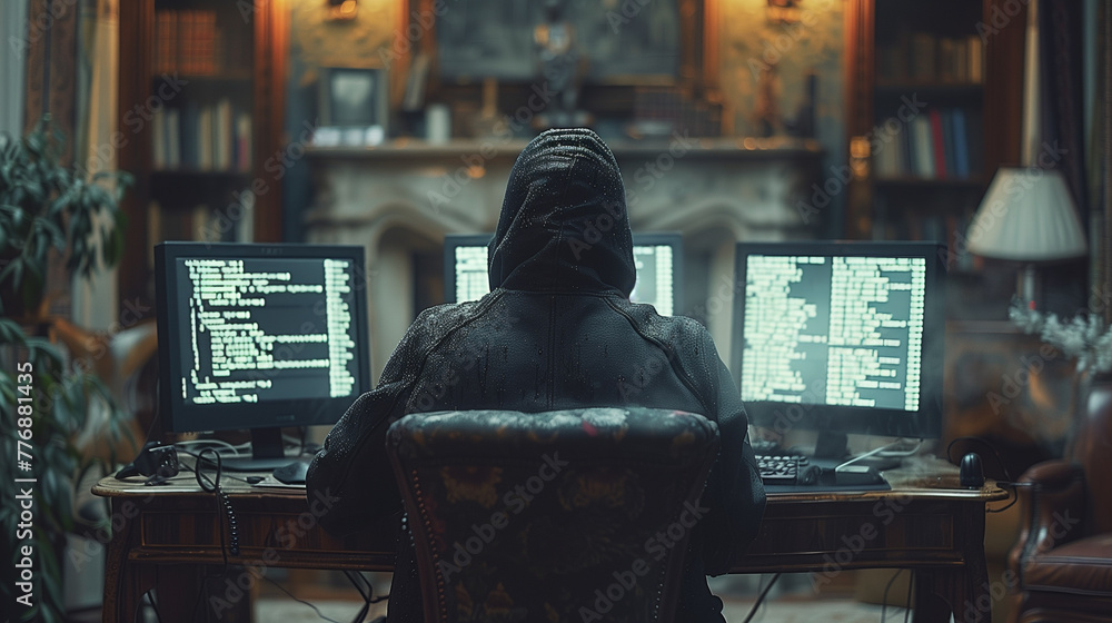 Naklejka premium Hacker man in a Futuristic Setting