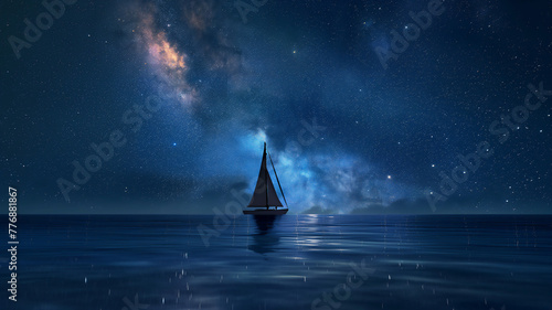 Sailboat under a starry night sky with the Milky Way, serene and vast ocean. photo