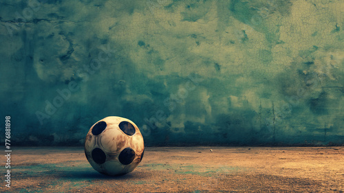 Old soccer ball on a dusty ground against a cracked, weathered wall. © Ritthichai