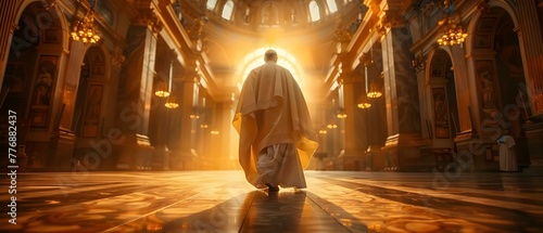 Pope walking gracefully through radiant cathedral hallways with blessing light shining behind. Concept Religious, Graceful, Cathedral, Light, Pope