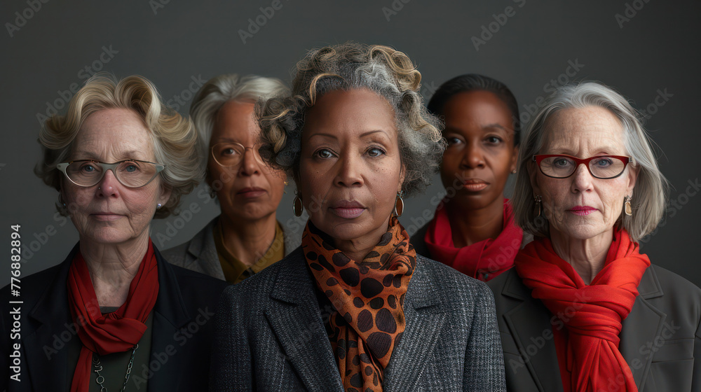 A group of women are standing together, all wearing glasses and scarves