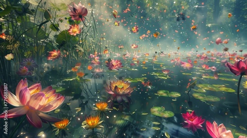 The peaceful surface of the lotus pond disrupted by a stunning explosion of bright swirling flowers. © Justlight