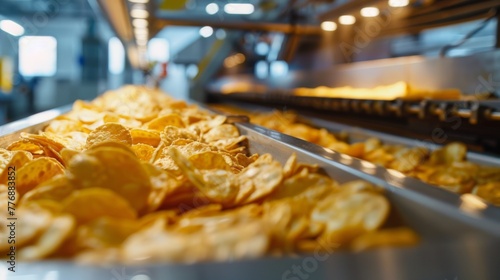Chips factory. Mass automated conveyor food production