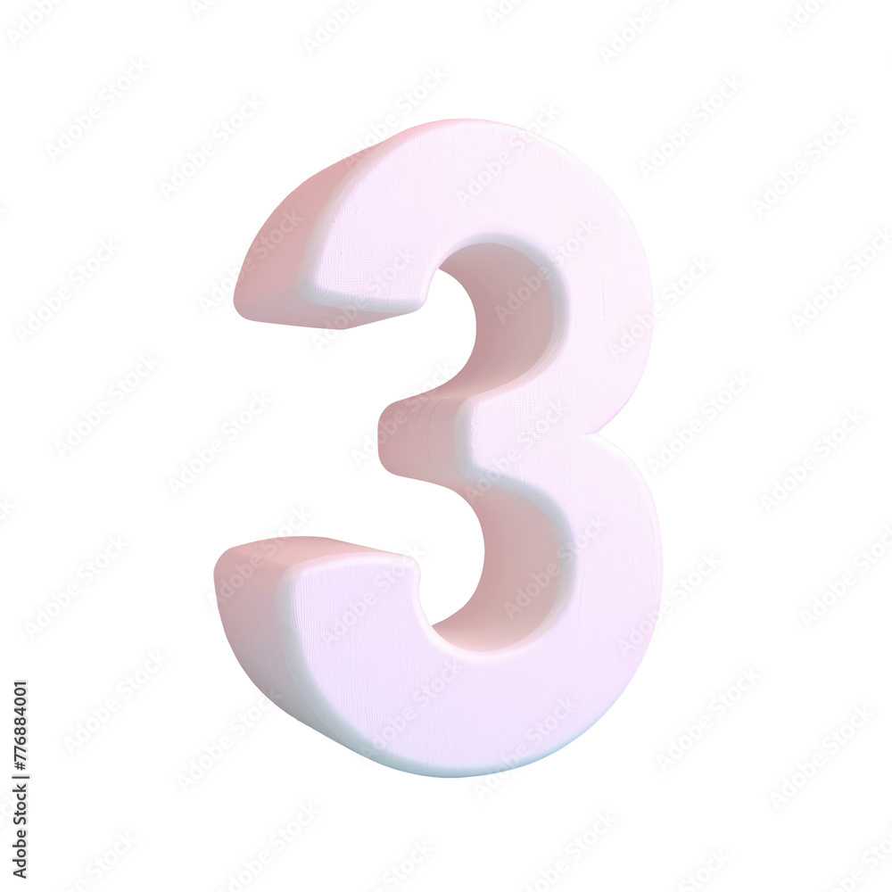 A close up of a white number three on a Transparent Background