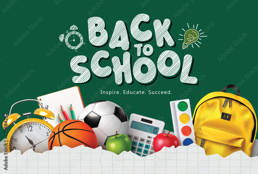 Back to school text vector template design. Back to school greeting in green space with backpack, soccer ball, alarm clock, calculator and water color elements in paper cut box. Vector illustration  - obrazy, fototapety, plakaty 