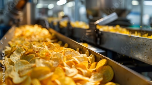 Chips factory. Mass automated conveyor food production