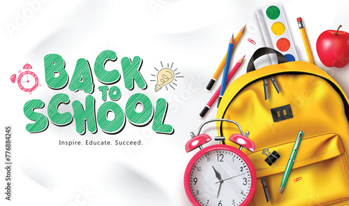 Back to school greeting vector template design. Back to school text with educational yellow back pack, alarm clock, color pencil and water color items and elements. Vector illustration school greeting