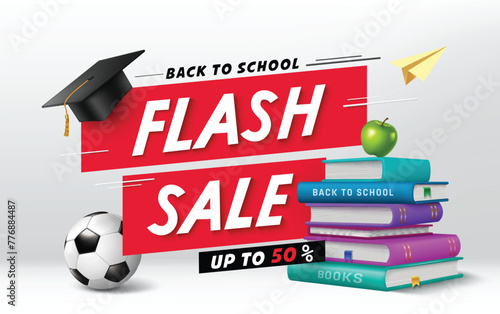 Back to school sale vector banner design. Back to school flash sale with 50% off discount offer for educational items and materials shopping promotion. Vector illustration school sale banner. 
