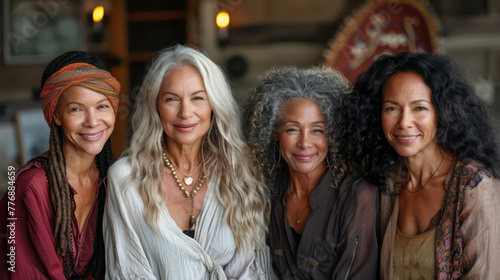 Four women with long hair are smiling for the camera Scene is happy and friendly, as the women are posing together and enjoying each other's company