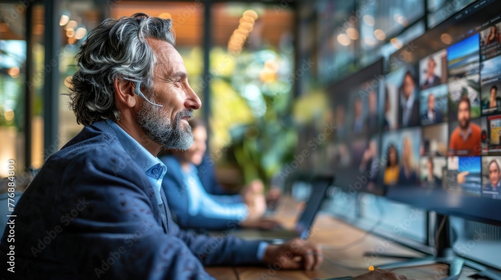 Business professionals collaborating remotely through advanced video conferencing technology Business professionals collaborating remotely through advanced video conferencing technology