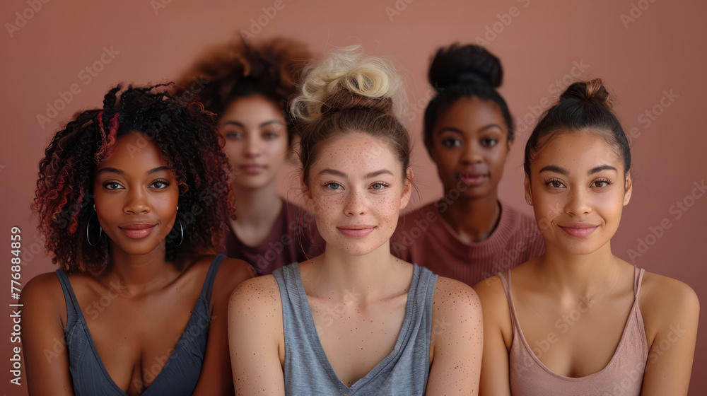 A group of women with different hair colors and styles are posing for a photo Scene is happy and friendly, as the women are posing together and enjoying each other's company A group of women with different hair colors and styles are posing for a photo Scene is happy and friendly, as the women are posing together and enjoying each other's company