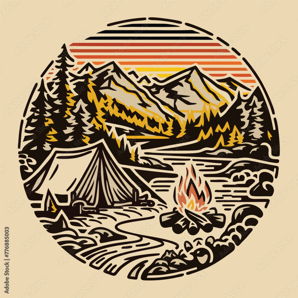 
monoline illustration of a serene mountain morning camping scene for various printing applications, such as t-shirts, stickers, or any other merchandise