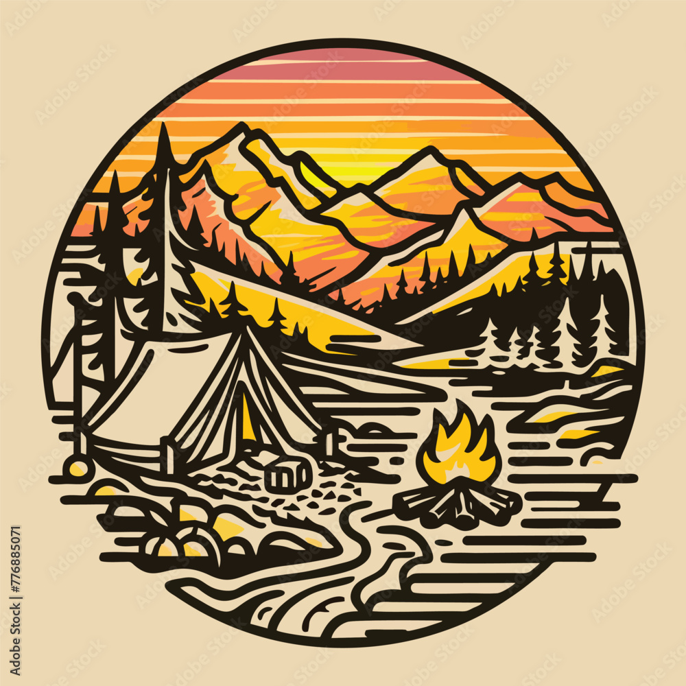 
monoline illustration of a serene mountain morning camping scene for various printing applications, such as t-shirts, stickers, or any other merchandise