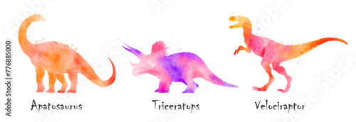 Apatosaurus  Triceratops  Velociraptor dinosaurs . Colorful silhouette watercolor painting style . Set 3 of 5 . Illustration .