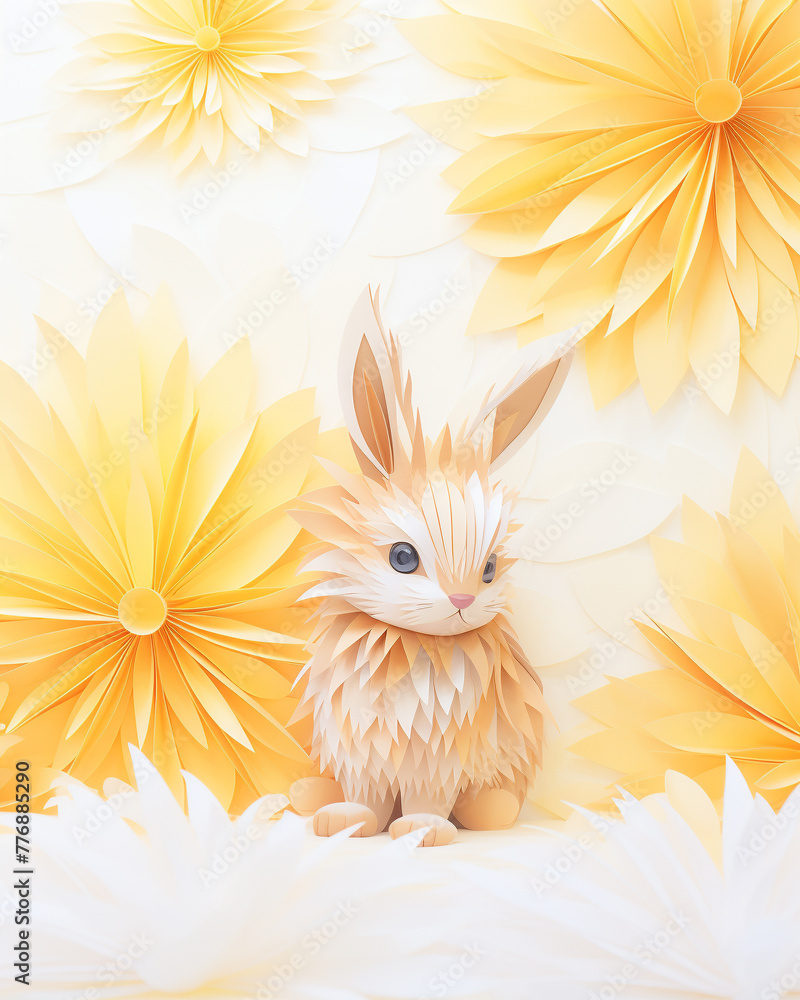 Obraz premium A fluffy rabbit sitting beside an origami garden close-up on its contemplative gaze towards a paper sunflower